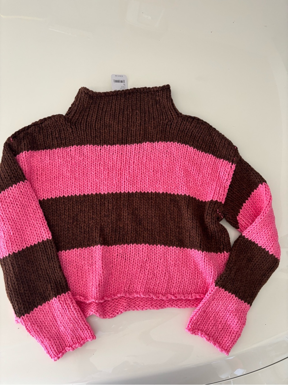 New Free People Chunky Brown and Pink Striped mock neck Sweater
